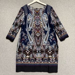 Chico's Size 3, 16, XL  Blue Paisley Ponte Knit Shift Knee Length Dress
